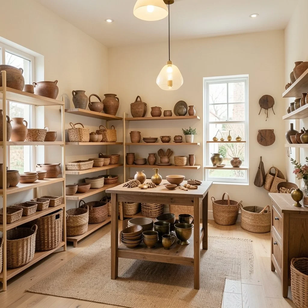 Studio shelves filled with handmade pieces